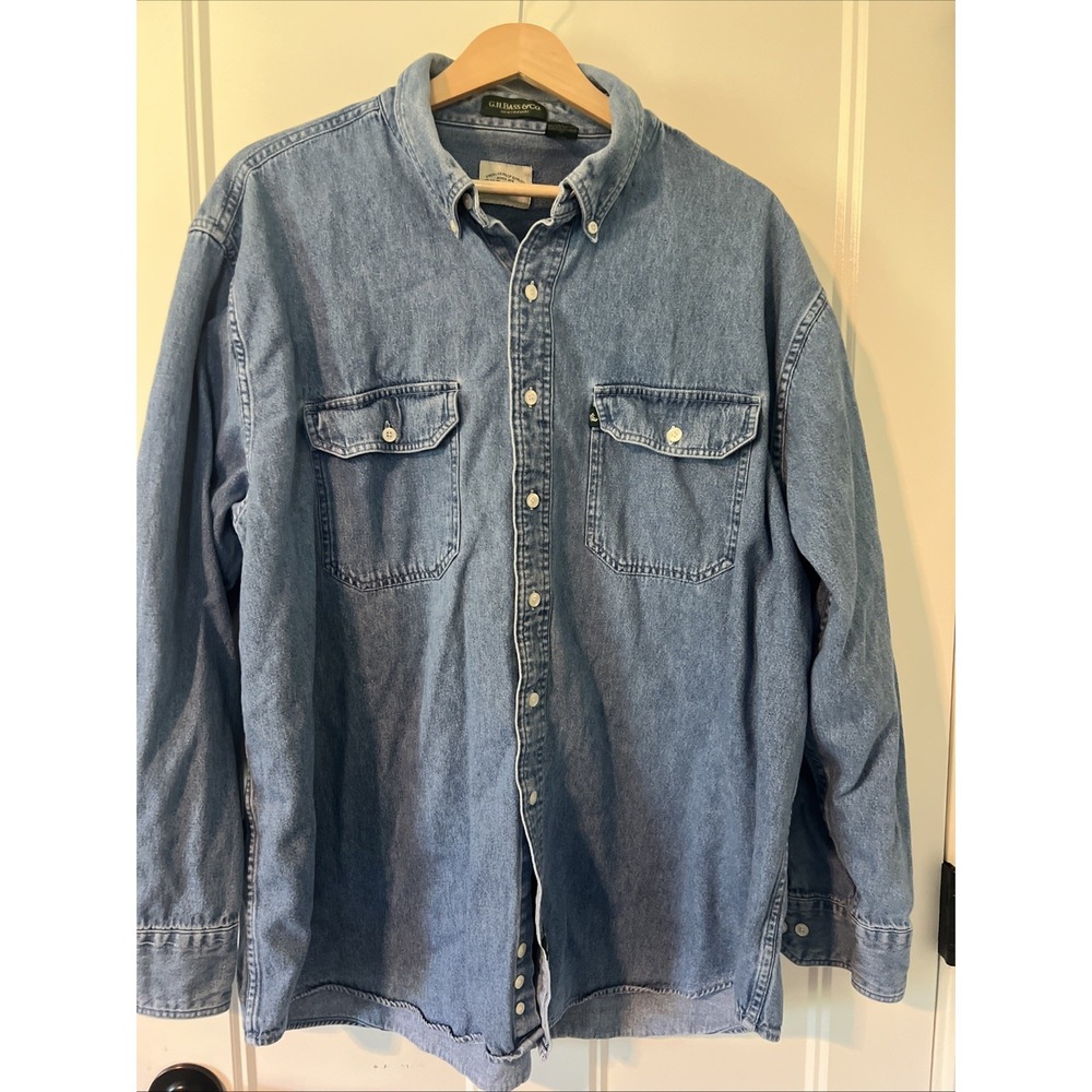 Vintage G.H. Bass & Co Mens XL Blue Long Sleeve Denim Button Down Shirt Y2K